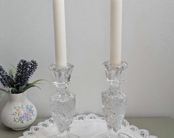 Set of 2 Vintage Crystal Candle Holders, Pinwheel Cut, Elegant Glass Candlesticks, Romantic Table Decor, Grandmillennial Style