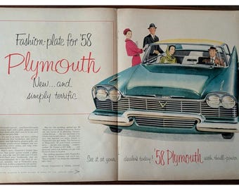 Anuncio original de doble página de Plymouth de 1957 y 1958 en la revista Maclean's Automobilia.