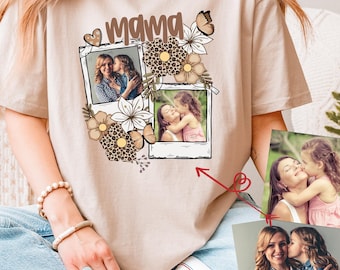 Custom Photo Mama Shirt, Personalized Picture Tee for Mom, Custom Polaroid T-Shirt, Mothers Day Gift from Kids, Leopard Floral Mom Apparel