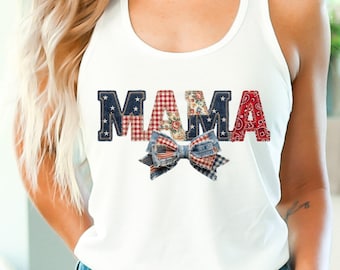 Faux Patchwork Mama Tank Top, Coquette Bow V-Neck Shirt, Patriotic Mom Apparel, 4th of July Mama, Red White Blue Boutique Tee, Mothers Day