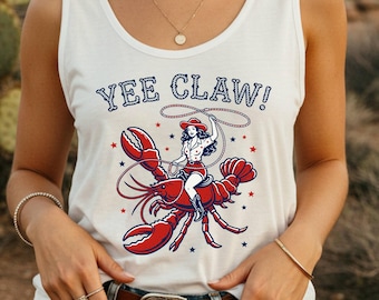 Camiseta sin mangas Yee Claw, camiseta de cuello en V estilo vaquera costera, camiseta divertida de langosta, ropa para vacaciones en la playa, top retro de verano estilo western, conjunto para hervir cangrejos
