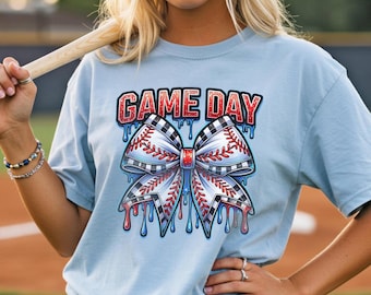 Camiseta para el día del partido, camiseta para mamás beisboleras, camiseta de béisbol con lazo coqueto, estampado de lazo goteante, ropa deportiva para mamás, novias beisboleras, camiseta de softbol