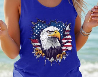 Ripped Flag Tank Top, 3D Eagle V-Neck Shirt, Patriotic Summer Top, 4th of July Apparel, USA Independence, Bald Eagle Tee, Badass Patriot