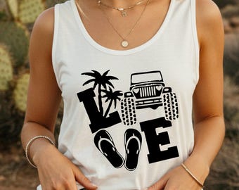 Summer Offroad Tank Top, Beach Vacation V-Neck, Coastal 4x4 Apparel, Palm Tree SUV Shirt, Flip Flop Graphic Tee, Ocean Vibe Summer Top