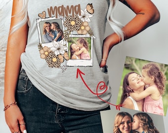 Custom Photo Mama Tank Top, Personalized V-Neck Shirt for Mom, Polaroid Picture Top, Mothers Day Gift, Leopard Floral Mom Summer Apparel