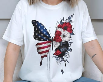 Camiseta mitad mariposa, mitad flor, camiseta floral patriótica, top para mujer del 4 de julio, Día de la Independencia de EE. UU., ropa del Día de los Caídos, camiseta con bandera bohemia
