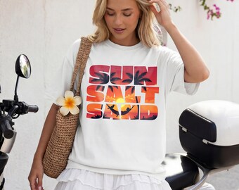 Camiseta Sun Salt Sand, Camiseta Tropical Sunset, Ropa de vacaciones de verano, Top retro con estampado playero, Conjunto para crucero, Camiseta con palmeras, Ambiente oceánico