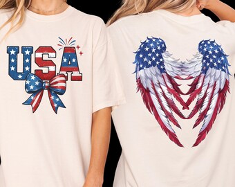 Double Sided USA Shirt, Patriotic Coquette Bow Tee, American Flag Wings Back Print, 4th of July Women Top, USA Independence Day, Boutique
