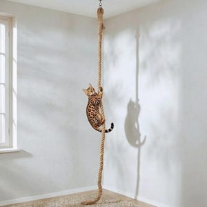 Puede incluir: Un gato bengalí trepa por una gruesa cuerda beige suspendida del techo. El gato, con pelaje manchado, se aferra a la cuerda. La cuerda cuelga frente a una pared blanca, proyectando una sombra. Una ventana es visible en el fondo.