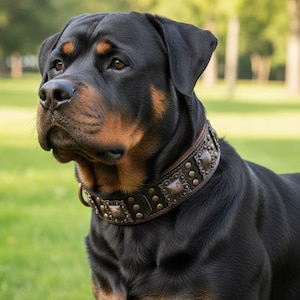 Könnte beinhalten: Ein Rottweiler-Hund mit schwarzem Fell und braunen Abzeichen, der ein dekoratives braunes Lederhalsband mit Metallnieten trägt. Der Hund befindet sich im Freien auf einer Wiese.