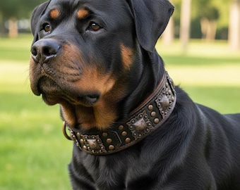 Puede incluir: Un perro Rottweiler de pelaje negro y fuego lleva un collar ancho de cuero marrón oscuro. El collar presenta tachuelas metálicas decorativas y placas metálicas cuadradas grabadas dispuestas en un patrón repetitivo.