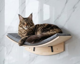 Curved Wooden Wall Mounted Cat Bed, Modern Large Pet Bed with Gray Mattress