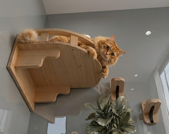 Estantería de madera para gatos montada en la pared con escalones. Muebles elegantes y funcionales. Cama para gatos montada en la pared. Estantes para trepar.