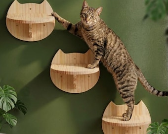 Puede incluir: Tres estantes de pared de madera de color claro, cada uno con forma de cabeza de gato con orejas puntiagudas. Los estantes cuentan con una superficie horizontal plana sostenida por un soporte vertical. Un gato atigrado marrón está sobre ellos.