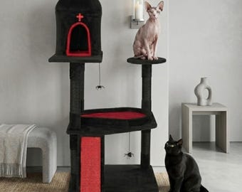 Multi-tiered Gothic Cat House with Sisal Scratching Post Cave House with Coffin-Shaped Platform