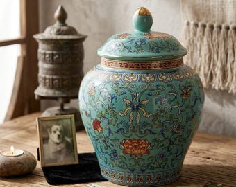 Puede incluir: Un tarro de jengibre de cerámica turquesa con tapa, que presenta intrincados patrones florales en naranja, azul y amarillo, acentuados por un borde griego dorado. El tarro tiene un cuerpo redondeado y una tapa abovedada a juego con remate.