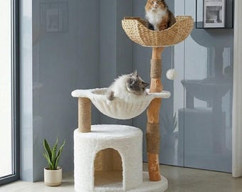 Luxurious Natural Wood Cat Tree With Wicker Bed Modern Multi-Level Cat House With Hammock Pet Tower with Scratching Post & Toys