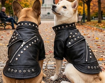 Puede incluir: Dos perros con chaquetas de estilo cuero negro con tachuelas metálicas plateadas, cremalleras diagonales y ojales plateados en el dobladillo inferior. Las chaquetas tienen un cuello alto con tachuelas y los perros están en un camino.