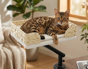 360 Degree Rotating Adjustable Tabletop Cat Bed, Floating Wooden Pet Shelf with Wicker Basket, Compact Tabletop Cat Lounger