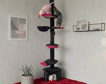Gothic Adjustable Floor-to-Ceiling Cat Tower 5-Tier Wood with Cozy Hammock & Scratching Posts