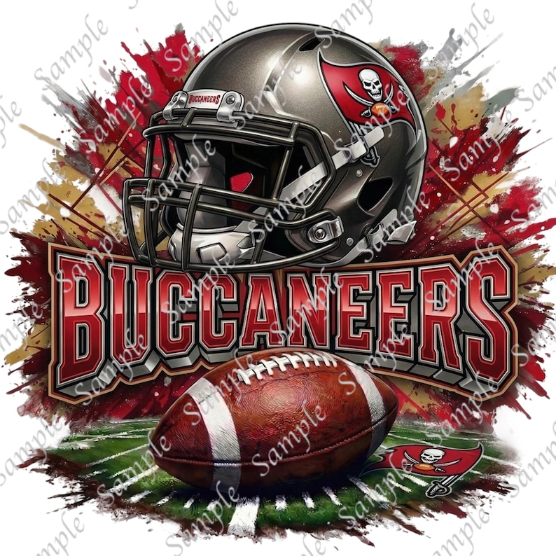May include: A digital graphic featuring a football helmet, football, and the word "BUCCANEERS" in red and white. The helmet is gray with a team logo. The football is brown with white stripes, set against a red and green background.