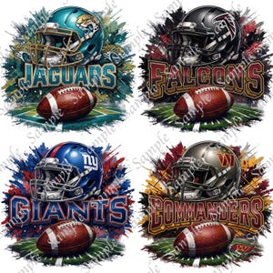 May include: Four digital illustrations featuring football helmets and footballs. The helmets are for the Jaguars, Falcons, Giants, and Commanders. Each design includes the team name in bold lettering and a football on a field.