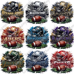 May include: Nine digital designs featuring football helmets and footballs. Each design showcases a different team: Steelers, Raiders, Saints, 49ers, Panthers, Ravens, Packers, Cowboys, and Chiefs. The designs are set against a background of grass.