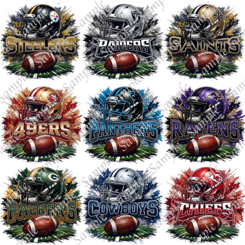 May include: Nine digital designs featuring football helmets and footballs. Each design showcases a different team: Steelers, Raiders, Saints, 49ers, Panthers, Ravens, Packers, Cowboys, and Chiefs. The designs are set against a background of grass.