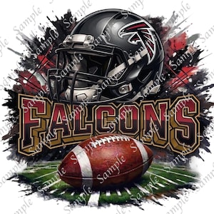 May include: A digital graphic featuring a black football helmet with a red and black logo, the word "FALCONS" in a bold, outlined font, and a brown football on a green field. The background has red and black paint splatters.