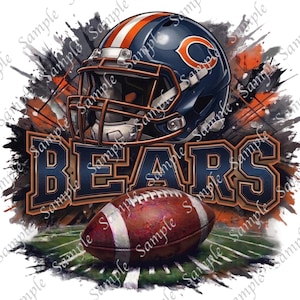 May include: A digital illustration featuring a navy blue football helmet with orange and white stripes, the Chicago Bears logo, and a brown football. The word "BEARS" is displayed in large, navy blue letters with an orange outline.