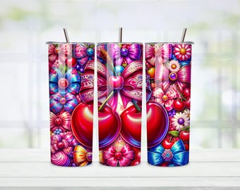 Cherry Tumbler Wrap, Coquette Hearts Red Cherries 20oz Skinny Tumbler Sublimation Design, Digital Download