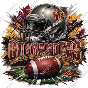 May include: Digital illustration featuring a football helmet and football with the text "COMMANDERS". The helmet is gray with a burgundy and gold logo. The football is brown with white stripes, set against a background of burgundy, gold, and green.