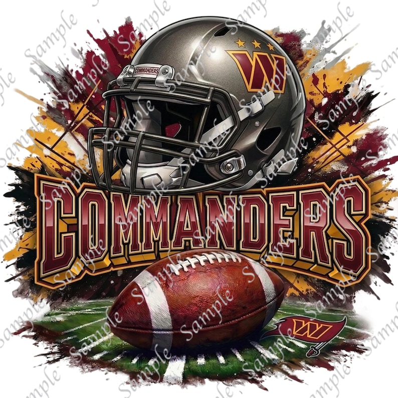 May include: Digital illustration featuring a football helmet and football with the text "COMMANDERS". The helmet is gray with a burgundy and gold logo. The football is brown with white stripes, set against a background of burgundy, gold, and green.