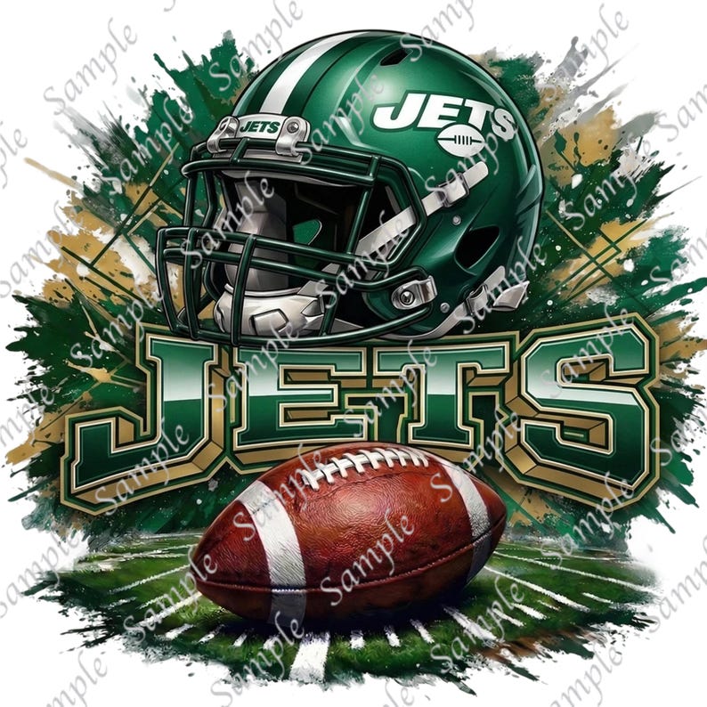 May include: A digital illustration featuring a green football helmet with the word "JETS" and a football. The helmet has white stripes and the word "JETS" on the side. The football is brown with white laces, set against a green and gold background.