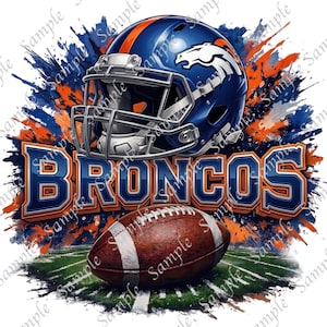 May include: A digital illustration featuring a blue and orange football helmet with the word "BRONCOS" in bold letters. A brown football rests on a green field. The background has blue and orange paint splatters.