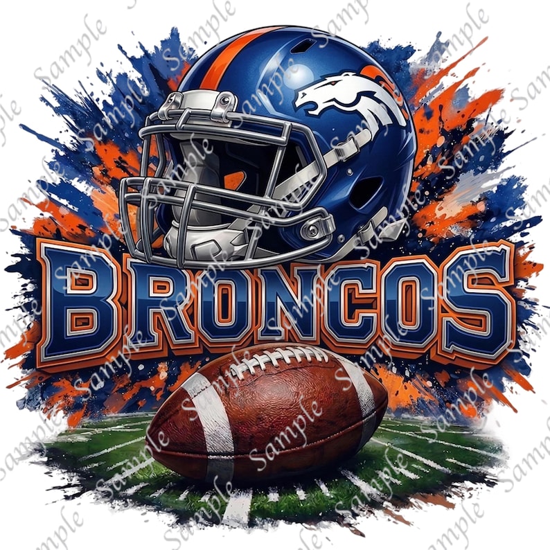 May include: A digital illustration featuring a blue and orange football helmet with the word "BRONCOS" in bold letters. A brown football rests on a green field. The background has blue and orange paint splatters.