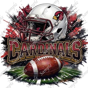 May include: A graphic design featuring a white football helmet with a red facemask and a cardinal bird logo. The word "CARDINALS" is displayed in a bold, stylized font above a brown football on a green field.