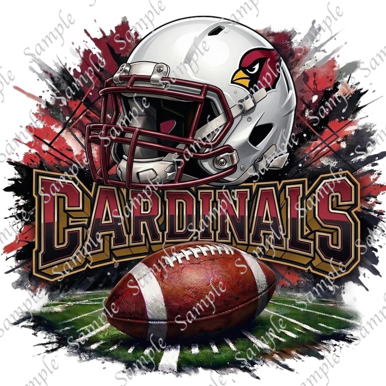 May include: A graphic design featuring a white football helmet with a red facemask and a cardinal bird logo. The word "CARDINALS" is displayed in a bold, stylized font above a brown football on a green field.
