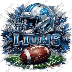 May include: A digital illustration featuring a football helmet and football. The helmet is silver and blue with the Detroit Lions logo. The word "LIONS" is in blue and white. A brown football rests on a green field.