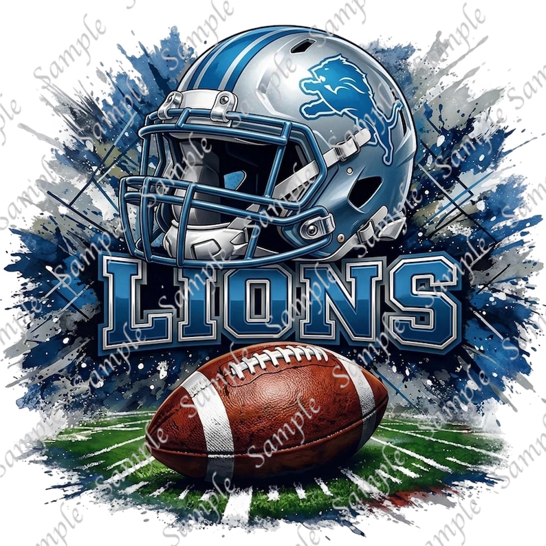 May include: A digital illustration featuring a football helmet and football. The helmet is silver and blue with the Detroit Lions logo. The word "LIONS" is in blue and white. A brown football rests on a green field.