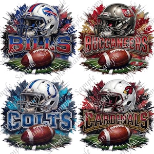May include: Four digital designs featuring football helmets and footballs. The designs include the Buffalo Bills, Tampa Bay Buccaneers, Indianapolis Colts, and Arizona Cardinals. Each design has the team name in bold letters.