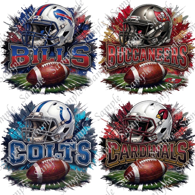 May include: Four digital designs featuring football helmets and footballs. The designs include the Buffalo Bills, Tampa Bay Buccaneers, Indianapolis Colts, and Arizona Cardinals. Each design has the team name in bold letters.