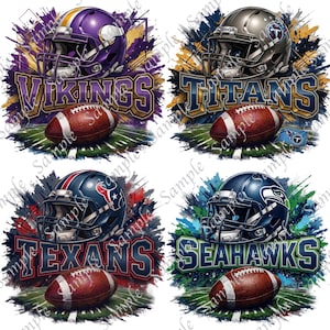 May include: Four digital illustrations featuring football helmets and footballs. The images include the team names: Vikings, Titans, Texans, and Seahawks. Each design has a colorful, abstract background.