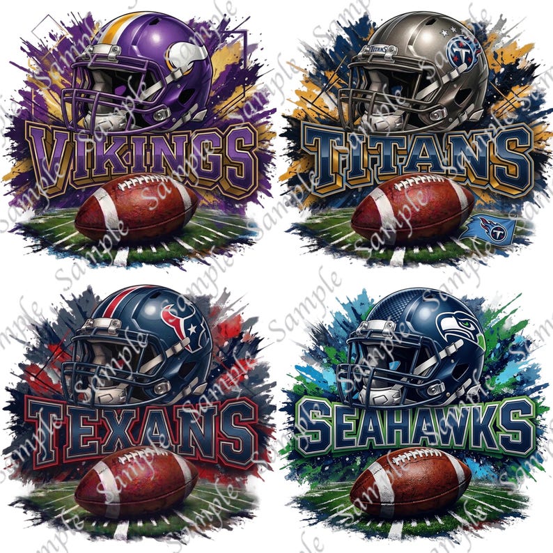 May include: Four digital illustrations featuring football helmets and footballs. The images include the team names: Vikings, Titans, Texans, and Seahawks. Each design has a colorful, abstract background.