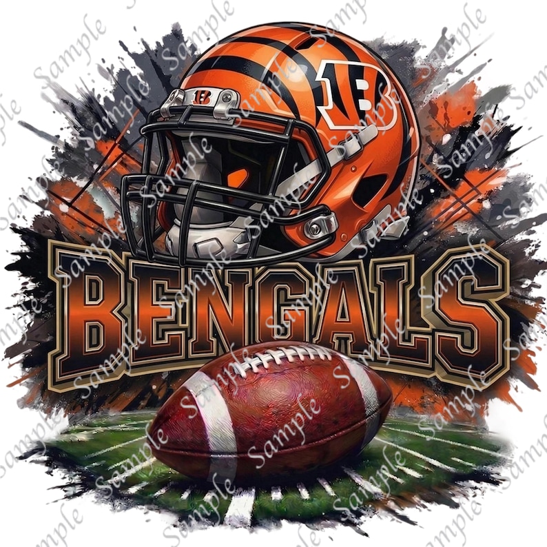 May include: An orange and black football helmet with the letters "B" and "E" on the side, and the word "BENGALS" in orange and black lettering. A brown football is on a green field. Black and orange paint splatters are in the background.