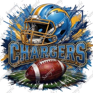 May include: A graphic design featuring a blue and yellow football helmet with a lightning bolt design. The word "CHARGERS" is displayed in blue and gold lettering. A brown football rests on a green field, with blue and yellow paint splatters in the background.
