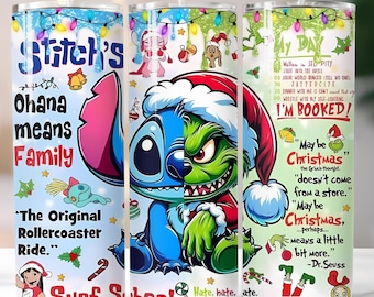 Christmas Stitch & Grinch Tumbler Wrap, Cartoon Design (PNG Digital Download)