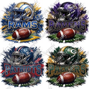 May include: Four sports-themed designs featuring football helmets and footballs. The designs include the Rams, Ravens, Patriots, and Packers logos, with each design set against a colorful, abstract background.