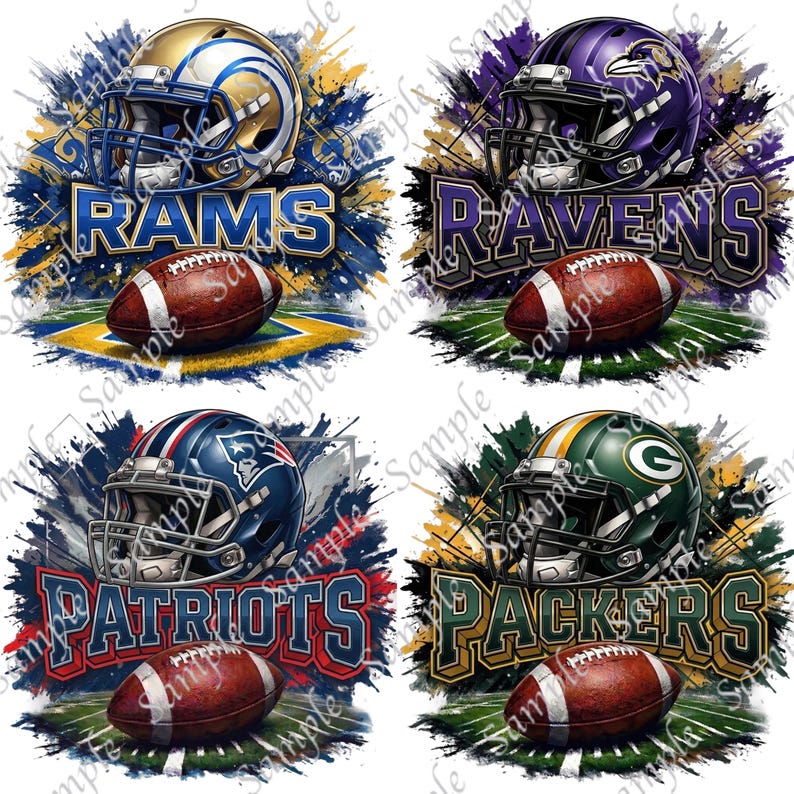 May include: Four sports-themed designs featuring football helmets and footballs. The designs include the Rams, Ravens, Patriots, and Packers logos, with each design set against a colorful, abstract background.