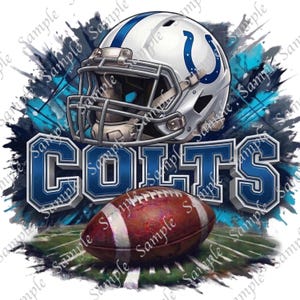 May include: A digital illustration featuring a white and blue Colts football helmet, the word "COLTS" in blue, and a brown football on a green field. The background has blue and black paint splatters.
